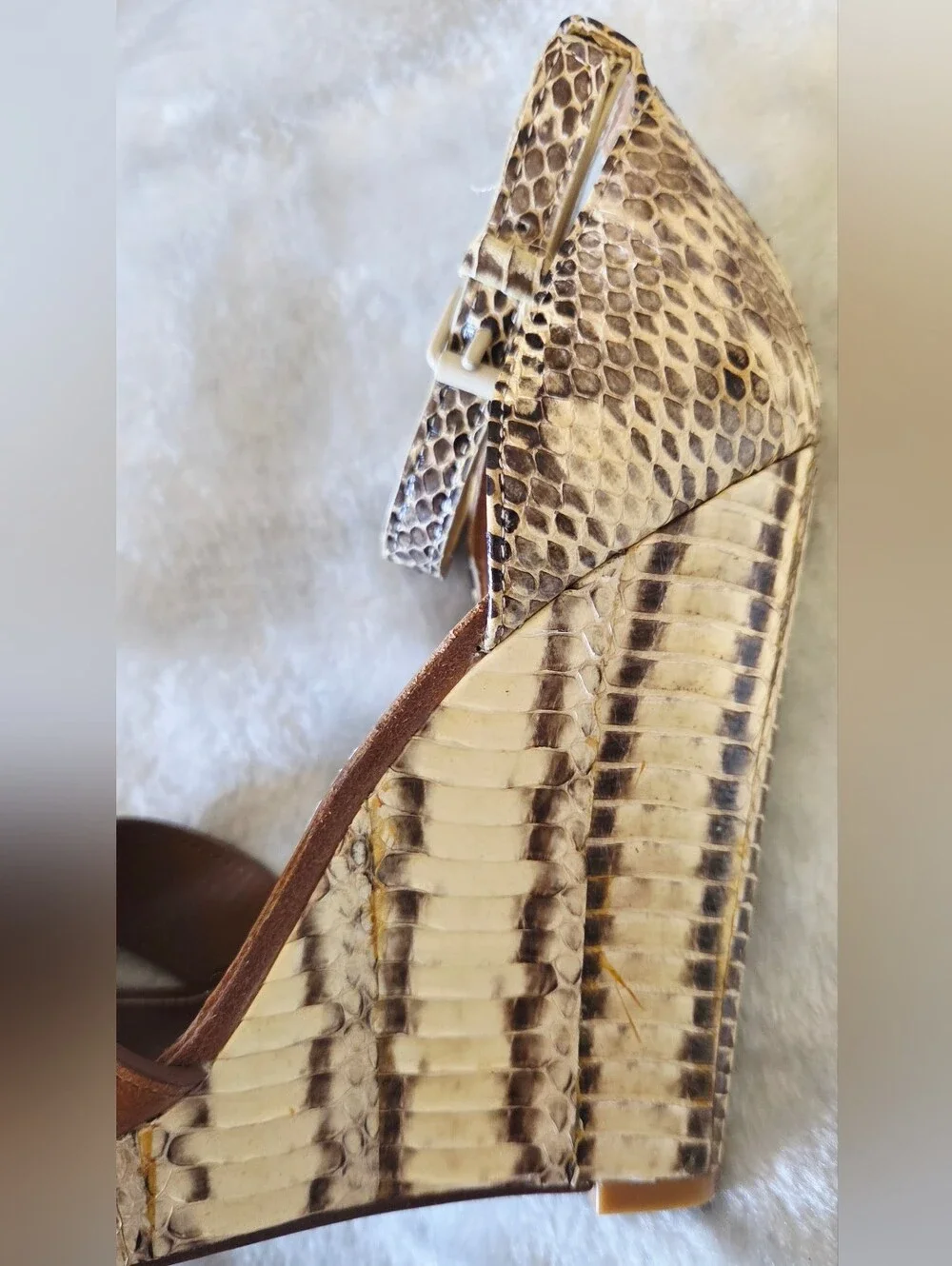 Tory Burch Brown Leather Wedge Sandals with Snakeskin Trim